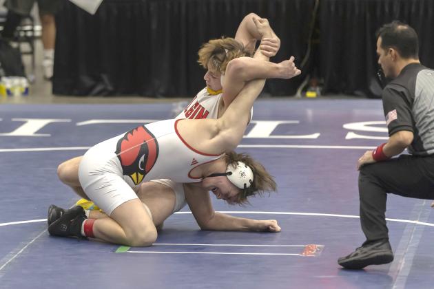 Elgin wrestler Ritson Meyer dominates his Collinsville opponent during the 190-pound weight class during semifinal action at the Dual State Championships in Enid on Saturday. HUGH SCOTT JR. | SOUTHWEST CHRONICLE
