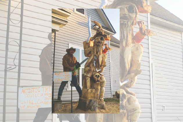 Kalvin Cook is shown recently on Idaho Ave. in Cyril with his chainsaw tree sculpture. He is a trick roper, but COVID-19 has put most entertainment venues on hold. The Cyril pirate is Kal's tenth commissioned chainsaw sculpture to date.