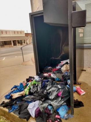 Fletcher police said a group of unidentified suspects set fire to a clothing donation box on Cole Avenue Sunday. The box serves as a collection point for donations to Arena Cowboy Church’s clothing closet.