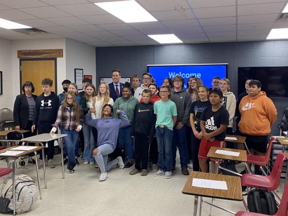 Oklahoma Lt. Gov. Matt Pinnell speaks to Elgin Middle School students in Melissa Evon’s civics class Monday. This elective class is open to any sixth-, seventh- or eighth-grade student. “It was a fantastic opportunity for kids to talk to someone in a statewide office who’s worked so hard for Oklahoma, to hear about all the great things going on in our state, and some of the challenges too,” Evon said. “Having guest speakers is just a great way for kids to learn about politics, service and citizenship. So, i