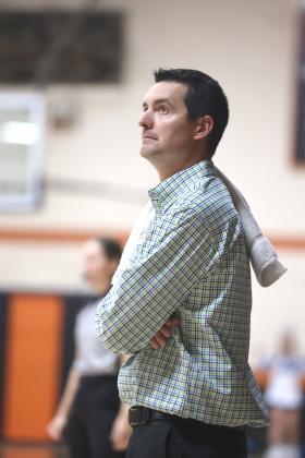 Sterling head coach Trent Parrish looks at the scoreboard during a game earlier this season. The Tigers won the Comanche County Tournament last week with a 42-41 title game win over Big Pasture. HUGH SCOTT JR. | SOUTHWEST CHRONICLE