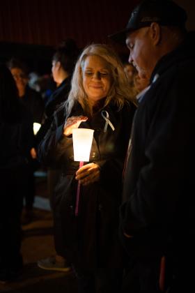A candlelight vigil was held Saturday in Cyril for 4-year-old Athena Brownfield. Residents gathered at 8 p.m. in front of Cyril City Hall, where Cyril Fire Chief Gerard Dodson gave a formal statement on behalf of the Town of Cyril. Authorities have charged Brownfield’s caretakers with her murder, which they say occurred Dec. 25, 2022. STEVE BOOKER | SOUTHWEST CHRONICLE