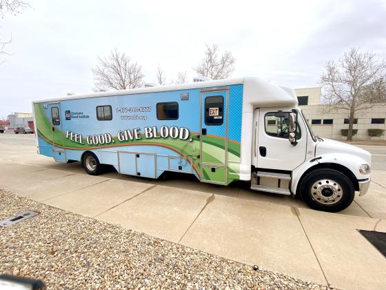 An Oklahoma Blood Institute bloodmobile is shown Tuesday in front of the OBI’s Lawton office. Faced with an emergency shortage, the OBI is asking people to donate blood before the next cold snap. ERIC SWANSON | SOUTHWEST CHRONICLE