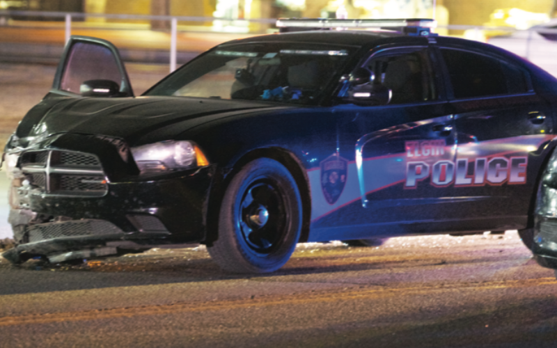 An Elgin Police Department patrol car was damaged in a collision Friday, Nov. 13 on U.S. 277 between D and E avenues in Elgin. Okla- homa Highway Patrol troopers report another vehicle turned left in front of the officer without warning, causing the collision.