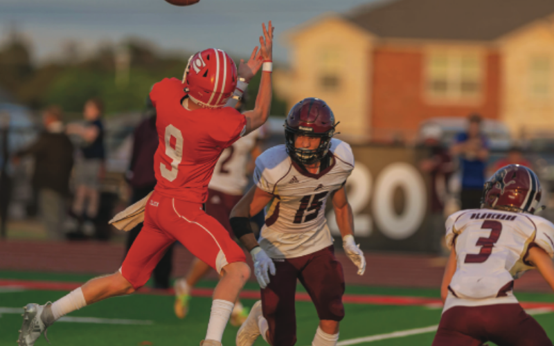 HAULING IT IN: Matt Lund hauls in a pass against Blanchard in an earlier match-up this year.