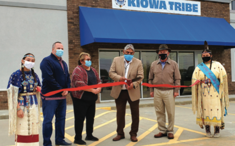 From the left, Kendal Hamilton, Lawton City Manager Michael Cleghorn, Vice Chairwoman Rhonda Ahhaitty, Chairman Matthew Komalty, Lawton City Mayor Stan Booker and Elgin student Bluesky Tosee.