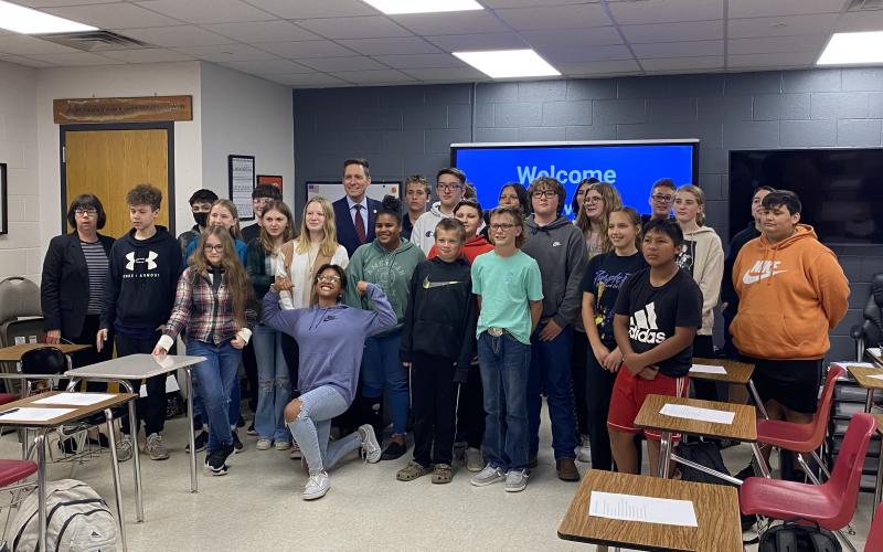 Oklahoma Lt. Gov. Matt Pinnell speaks to Elgin Middle School students in Melissa Evon’s civics class Monday. This elective class is open to any sixth-, seventh- or eighth-grade student. “It was a fantastic opportunity for kids to talk to someone in a statewide office who’s worked so hard for Oklahoma, to hear about all the great things going on in our state, and some of the challenges too,” Evon said. “Having guest speakers is just a great way for kids to learn about politics, service and citizenship. So, i