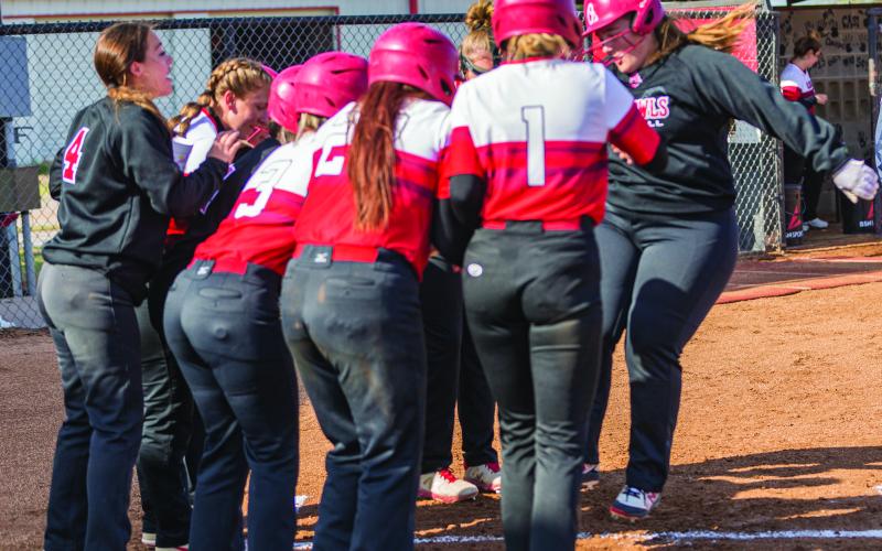 Photo by Rick Endicott HOME RUN - Elgin Lady Owls celebrate a home - run during the Fletcher tournament on Apr. 15.