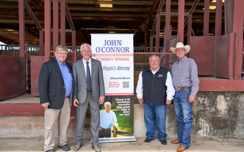 Oklahoma Attorney General John O’Connor, who is seeking election to a full four-year term, received endorsements Tuesday from three agricultural organizations. Expressing their support for O’Connor, second from left, were Rodd Moesel, far left, president of the Farm Bureau; Scott Blubaugh, second from right, president of American Farmers and Ranchers Insurance; and Mike Kelsey, far right, executive vice president of the Oklahoma Cattlemen’s Association.  Photo by Christopher Bryan