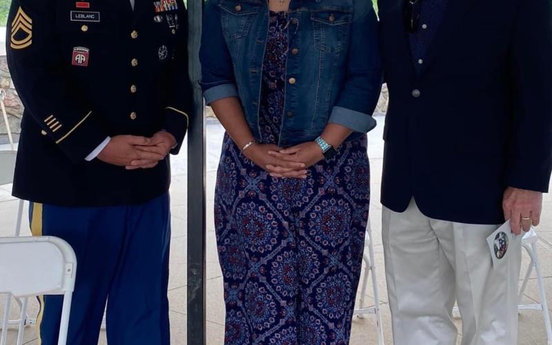 Guest speaker for the Memorial Day ceremony at the Fort Sill National Cemetery was SFC Thomas LeBlanc, who joined the military in 2002 and has held many positions during his military career, including Battalion Master Gunner for the 2nd BN 2nd FAR at Fort Sill, where he is now stationed. SFC LeBlanc was joined at the ceremony May 30 by his wife and by Lawton Mayor Stan Booker.   Photos courtesy Matthew Priest