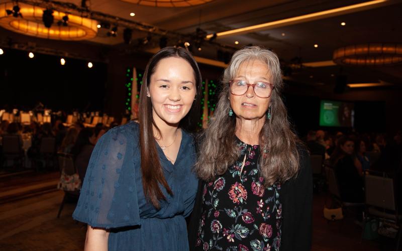 Retired Crosby Park Elementary School first-grade teacher Ellie Wright congratulates Alyssa Johnson, an Academic All-Stater from Elgin, during the Oklahoma Foundation for Excellence Academic Awards Banquet, held recently in Oklahoma City. Johnson, a 2022 graduate of Elgin High School, was among 100 outstanding seniors from Oklahoma public schools who were honored by the foundation as Academic All-Staters. She received an Academic All-State scholarship sponsored by the McCasland Foundation. Wright was Johnso