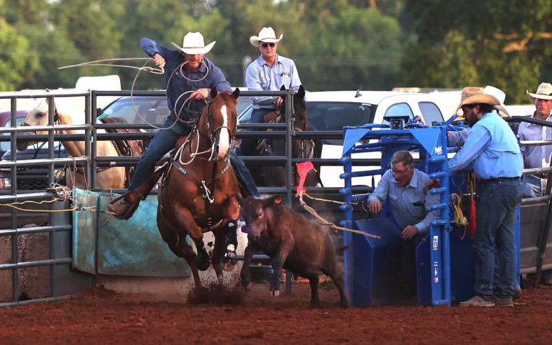 A calf-roper competes at the Chickasha Open Rodeo June 24-25 at the Grady County Fairgrounds. Rafter D Rodeo livestock have been used at the biggest rodeos in the U.S. and Canada. HUGH SCOTT/PHOTO PROVIDED