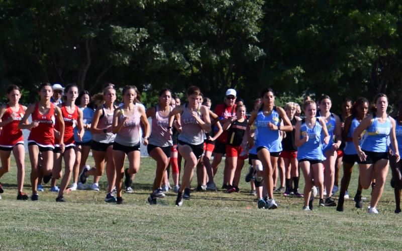 From left to right: Elgin cross country runners Hannah Shutts, Hannah Keahbone, Kendyl Marrero, Audrey McElhanney compete at the Cameron Invitational Sept. 7. Photo provided.