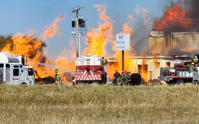 Grady County firefighters battle a warehouse blaze Wednesday (Ledger photo by Steve Booker).