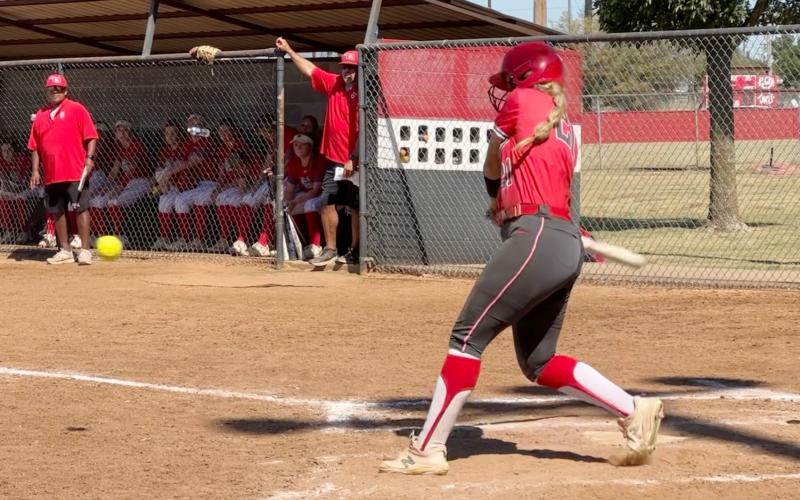 Elgin's Kelby Carter swings at a pitch during Saturday's play-in game. Elgin won two games against Sulphur and qualified for the Class 4A regional tournament in Weatherford. (Photo by JJ Francais)