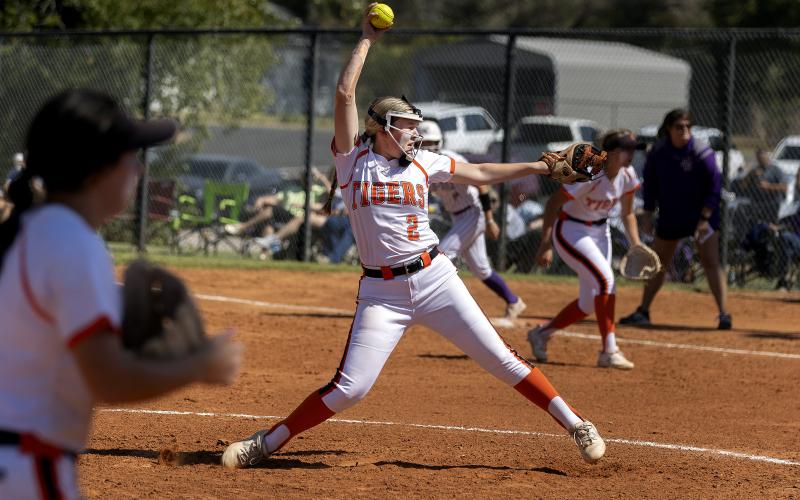 Sterling sophomore pitcher Kalleigh Budd throws a pitch toward home plate during Thursday's regional tournament game against Hydro-Eakley. Sterling won the matchup, 11-8. (Photo by Hugh Scott Jr.)