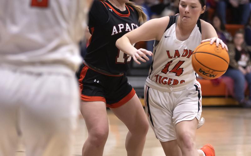 Hugh Scott Jr.  | Southwest Chronicle Sterling’s Ashlyn Clift drives the lane during action against Apache on Dec. 16. Clift finished with five points.
