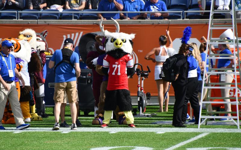 The Elgin Owl mascot performs on the sideline of the Elgin-Midwest City football game earlier this season. HUGH SCOTT JR. | SOUTHWEST CHRONICLE