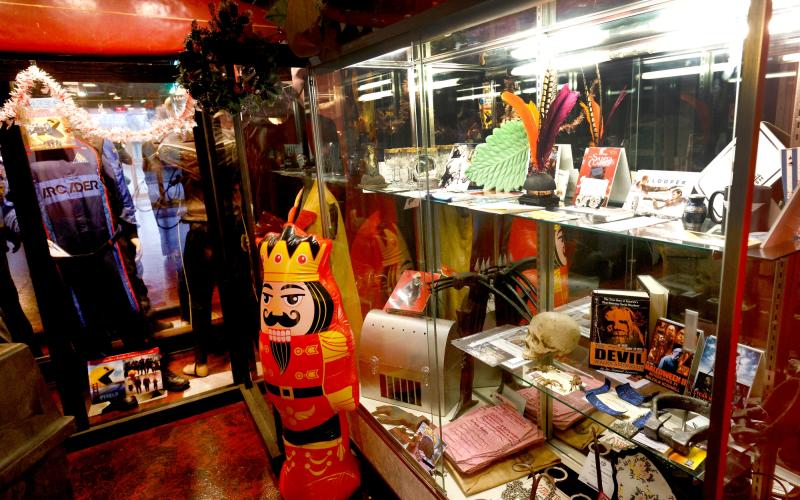 A display case filled with memorabilia is shown Dec. 20 at the Vaska Theatre. RIP STELL | SOUTHWEST CHRONICLE