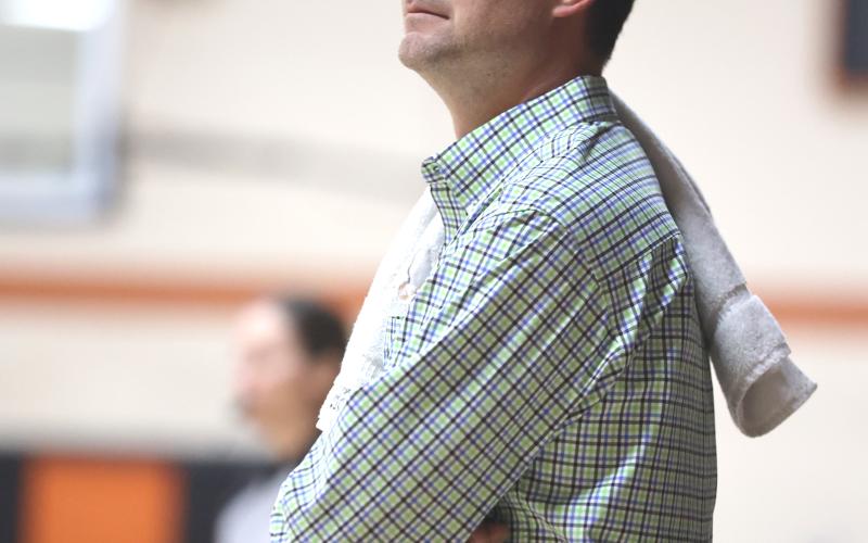 Sterling head coach Trent Parrish looks at the scoreboard during a game earlier this season. The Tigers won the Comanche County Tournament last week with a 42-41 title game win over Big Pasture. HUGH SCOTT JR. | SOUTHWEST CHRONICLE