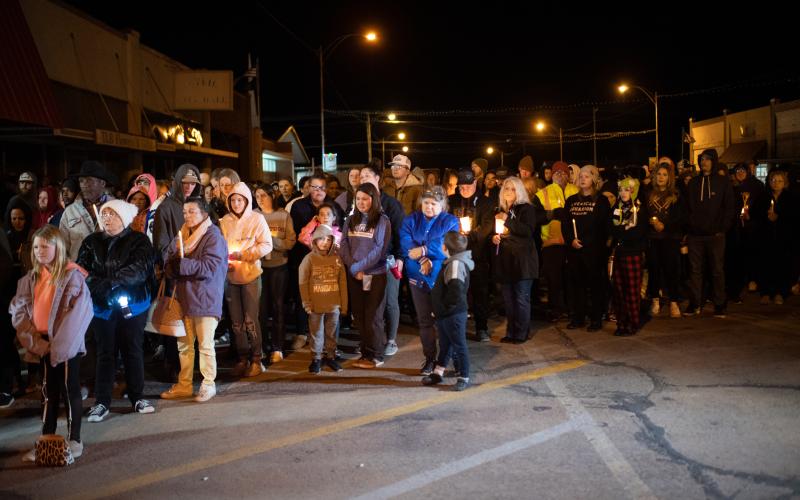 A candlelight vigil was held Saturday in Cyril for 4-year-old Athena Brownfield. Residents gathered at 8 p.m. in front of Cyril City Hall, where Cyril Fire Chief Gerard Dodson gave a formal statement on behalf of the Town of Cyril. Authorities have charged Brownfield’s caretakers with her murder, which they say occurred Dec. 25, 2022. STEVE BOOKER |  SOUTHWEST CHRONICLE