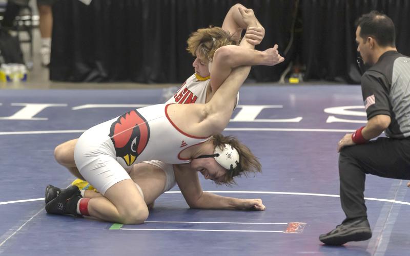 Elgin wrestler Ritson Meyer dominates his Collinsville opponent during the 190-pound weight class during semifinal action at the Dual State Championships in Enid on Saturday. HUGH SCOTT JR. | SOUTHWEST CHRONICLE