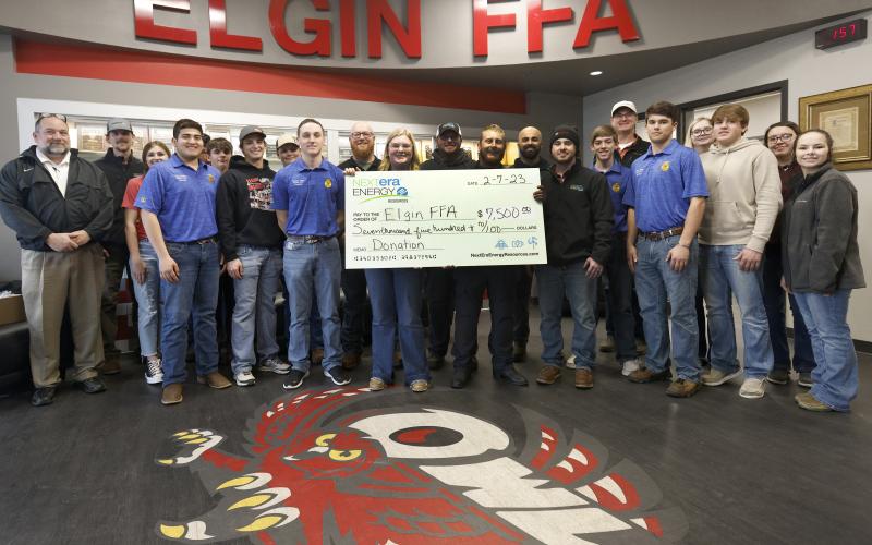 NextEra Energy presents a check for $7,500 to Elgin High School FFA chapter officers and leaders.  The sponsorship is used to support students as they compete and travel across the state of Oklahoma and the nation. RIP STELL | SOUTHWEST CHRONICLE