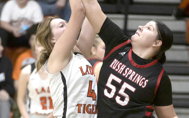 Sterling’s Kinley Mansel (4) battles a Rush Springs player for the ball during a recent game. The Lady Tigers play in the Class A district tournament beginning Saturday at Velma-Alma. HUGH SCOTT JR. | SOUTHWEST CHRONICLE