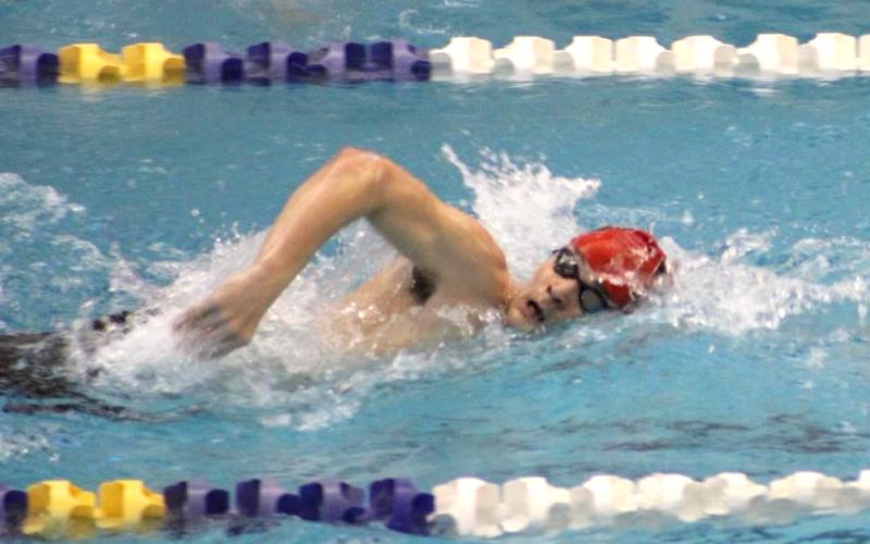 Mason Thompson competes in the West Regional Swim Meet last week at Mitch Park YMCA in Edmond. Thompson will swim in three events starting Friday at the state meet in Edmond. PHOTO PROVIDED