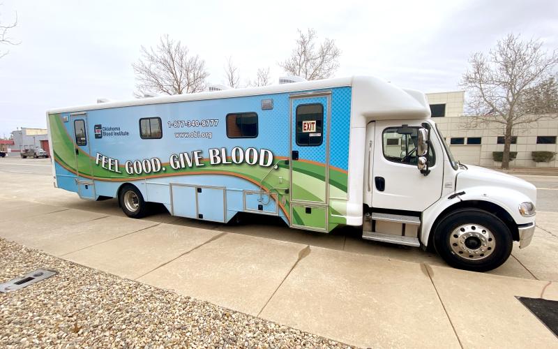 An Oklahoma Blood Institute bloodmobile is shown Tuesday in front of the OBI’s Lawton office. Faced with an emergency shortage, the OBI is asking people to donate blood before the next cold snap. ERIC SWANSON | SOUTHWEST CHRONICLE