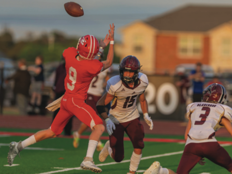 HAULING IT IN: Matt Lund hauls in a pass against Blanchard in an earlier match-up this year.