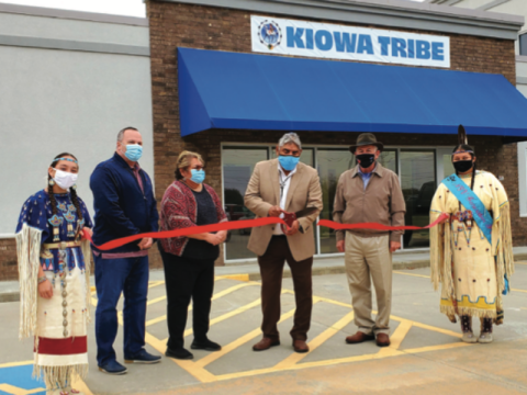 From the left, Kendal Hamilton, Lawton City Manager Michael Cleghorn, Vice Chairwoman Rhonda Ahhaitty, Chairman Matthew Komalty, Lawton City Mayor Stan Booker and Elgin student Bluesky Tosee.