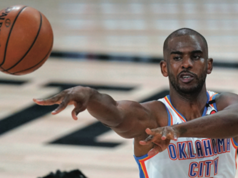 Oklahoma City Thunder’s Chris Paul makes a pass during the first half of an NBA first-round playoff basketball game against the Houston Rockets in Lake Buena Vista, Fla., in this Wednesday, Sept. 2, 2020. 