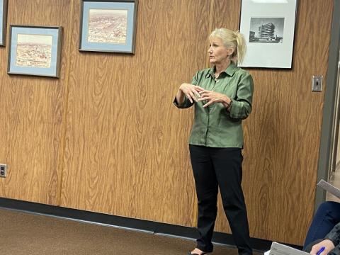 Nancy Graham, air quality manager for the Indian Nation Council of Governments, addresses the Comanche County Board of Commissioners on Monday at the Comanche County Courthouse. The board voted to join Oklahoma’s Commercial Property Assessed Clean Energy Program and asked INCOG to administer the program on the county’s behalf.  Eric Swanson/Staff photo