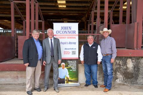 Oklahoma Attorney General John O’Connor, who is seeking election to a full four-year term, received endorsements Tuesday from three agricultural organizations. Expressing their support for O’Connor, second from left, were Rodd Moesel, far left, president of the Farm Bureau; Scott Blubaugh, second from right, president of American Farmers and Ranchers Insurance; and Mike Kelsey, far right, executive vice president of the Oklahoma Cattlemen’s Association.  Photo by Christopher Bryan