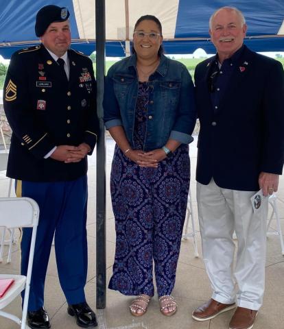 Guest speaker for the Memorial Day ceremony at the Fort Sill National Cemetery was SFC Thomas LeBlanc, who joined the military in 2002 and has held many positions during his military career, including Battalion Master Gunner for the 2nd BN 2nd FAR at Fort Sill, where he is now stationed. SFC LeBlanc was joined at the ceremony May 30 by his wife and by Lawton Mayor Stan Booker.   Photos courtesy Matthew Priest