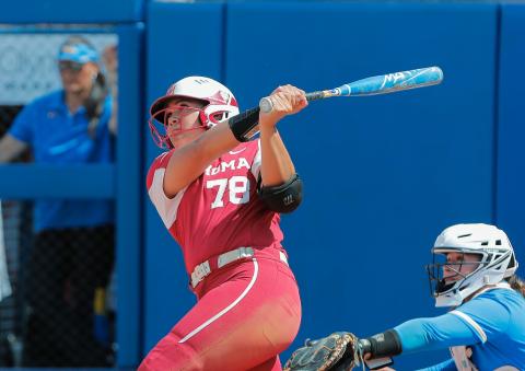 Oklahoma's Jocelyn Alo (78) hits a grand slam during fifth inning of an NCAA softball Women’s College World Series elimination game against UCLA on Monday, June 6, 2022, in Oklahoma City.  (AP Photo/Alonzo Adams)