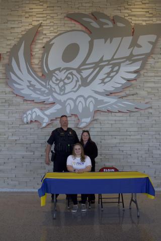 Vivian Vanderpool signs with West Virginia Tech in early spring 2022.  Proud parents James and Jaclyn Vanderpool watch as their daughter chooses to follow her grandfather’s legacy and earn a degree in chemical engineering. As a Golden Bear, Vanderpool will compete in NAIA Appalachian Conference. She is the first swimmer from Elgin High School to sign with a university to swim competitively, a March 24 post on Elgin Public Schools Athletics Facebook page states. Photo by Denisse Findlay