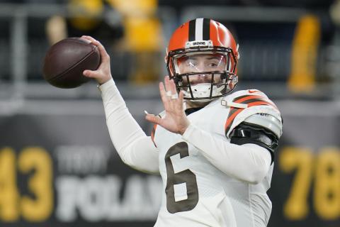FILE - Cleveland Browns quarterback Baker Mayfield (6) warms up before an NFL football game against the Pittsburgh Steelers, on Jan. 3, 2022, in Pittsburgh. Mayfield’s rocky run with Cleveland officially ended Wednesday, July 6, 2022, with the Browns trading the divisive quarterback and former No. 1 overall draft pick to the Carolina Panthers, a person familiar with the deal told The Associated Press. (AP Photo/Gene J. Puskar, File)