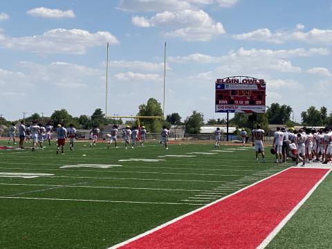 Elgin Owls football players endure the heat during a mid-August practice ahead of the 2022 season. Photos by Curtis Awbrey