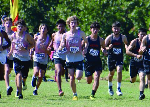 From left, Elgin cross country runners Jake Jones, Jordan Pierce, Tristan Nunez, Alan Lares, and Ben Roberts compete in the Carl Albert Invitational on Friday, Sept. 2. Photo courtesy of Jon Hughes.