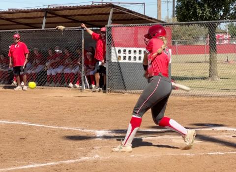 Elgin's Kelby Carter swings at a pitch during Saturday's play-in game. Elgin won two games against Sulphur and qualified for the Class 4A regional tournament in Weatherford. (Photo by JJ Francais)