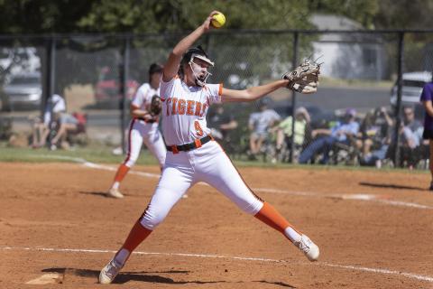 Senior Sterling pitcher Morgan Curry delivers a pitch to a Hydro-Eakley batter during regional tournament action last week. Photo by Hugh Scott Jr.