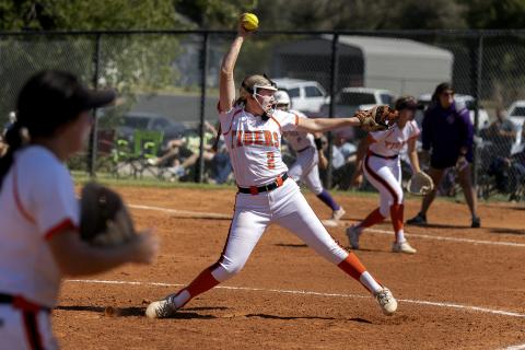 Sterling sophomore pitcher Kalleigh Budd throws a pitch toward home plate during Thursday's regional tournament game against Hydro-Eakley. Sterling won the matchup, 11-8. (Photo by Hugh Scott Jr.)