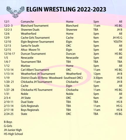 Elgin Wrestling 2022-2023 Schedule