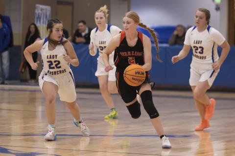 Emma Nunley dribbles toward the basket during a win over Central High. Nunley and the Lady Tigers also won Tuesday’s game against Cement, 71-24, as Nunley finished with 34 points. PHOTO BY HUGH SCOTT JR.