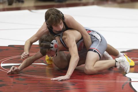 Elgin’s Hunter Jackson controls a Comanche opponent in a dual earlier this season. Jackson won the 113-pound weight class at the Carl Albert tournament last weekend. In addition, Elgin won the team title. HUGH SCOTT JR. | SOUTHWEST CHRONICLE