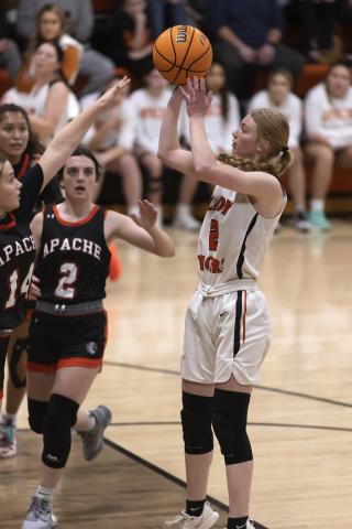 Sterling senior Emma Nunley shoots the ball during a December game against Apache. Nunley tallied 23 points against Alex last Friday to lead all scorers. HUGH SCOTT JR. | SOUTHWEST CHRONICLE