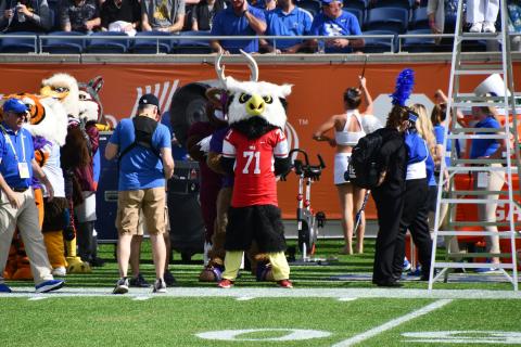 The Elgin Owl mascot performs on the sideline of the Elgin-Midwest City football game earlier this season. HUGH SCOTT JR. | SOUTHWEST CHRONICLE