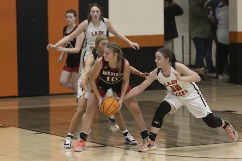 Lady Tiger Ava Alexander tries to steal the ball from a Rush Springs player during recent action. Sterling played a regional tournament game Thursday against Cordell. HUGH SCOTT JR. | SOUTHWEST CHRONICLE